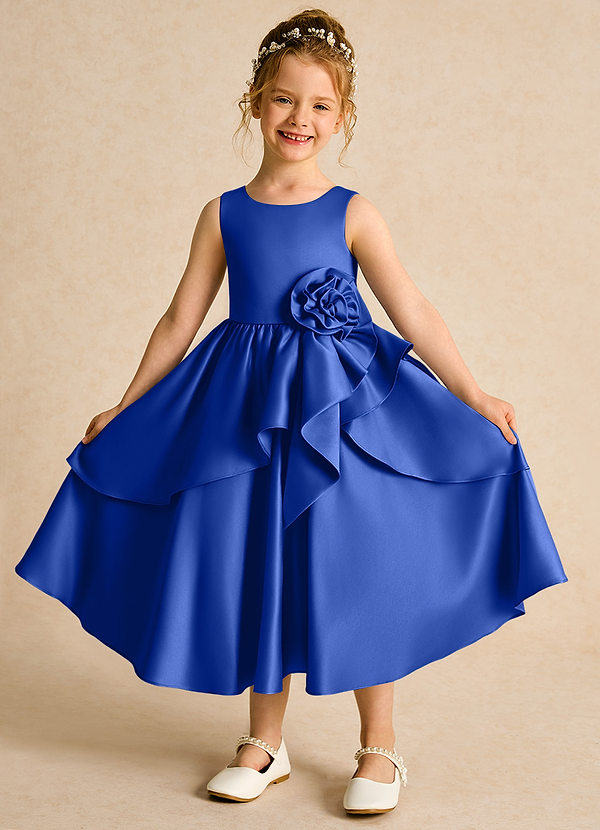 Azazie Hermia Robes de Fillette d'Honneur Robe Trapèze en Mat Satiné Sans manches Bleu Roi image1