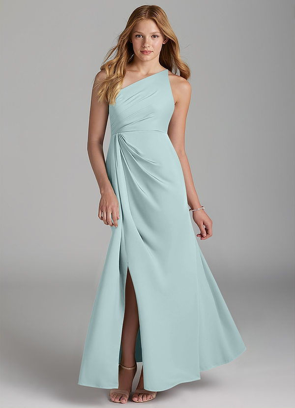 Azazie Mika Junior Robe Trapèze en Satin extensible Plissée Brume image1