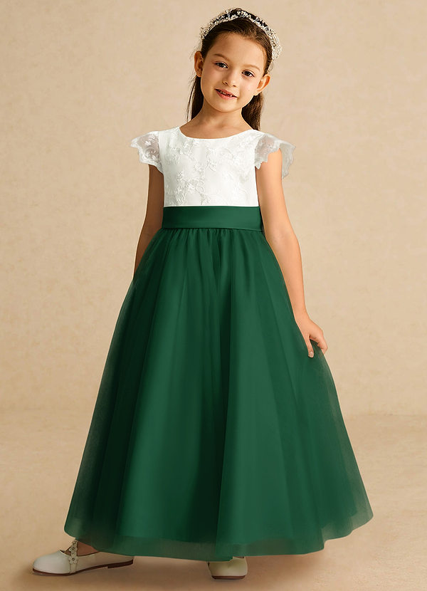 Azazie Pookie Flower Girl Dresses Dark Green A-Line Lace Tulle Dress image1