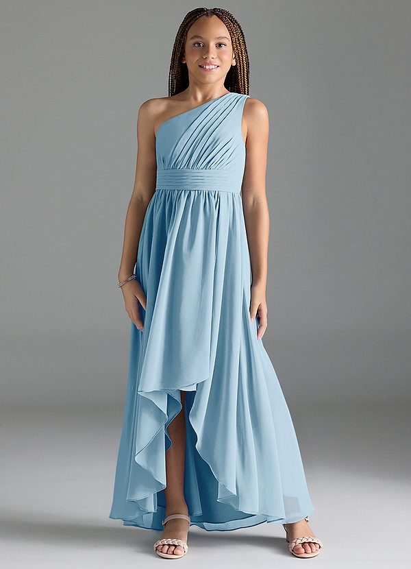 Azazie Mathilda Junior Robe Trapèze en Mousseline de soie Plissée Bleu Ciel image1