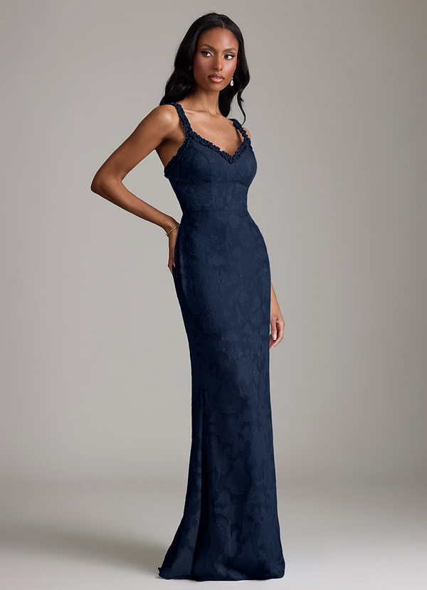 Azazie Corina Brudtärneklänningar Klä av Sjöjungfru i Blommig Utbrändhet Rynkad Mörk Marinblå image1