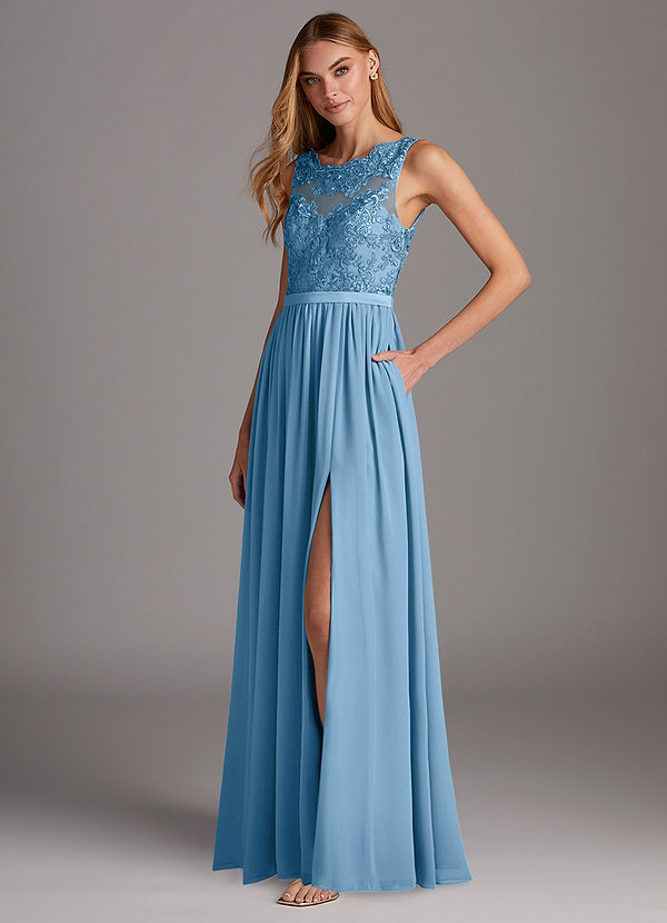 Azazie Elly Abiti da Damigella Abito A-Line in Chiffon Scollo a barchetta in pizzo Blu Acciaio image1