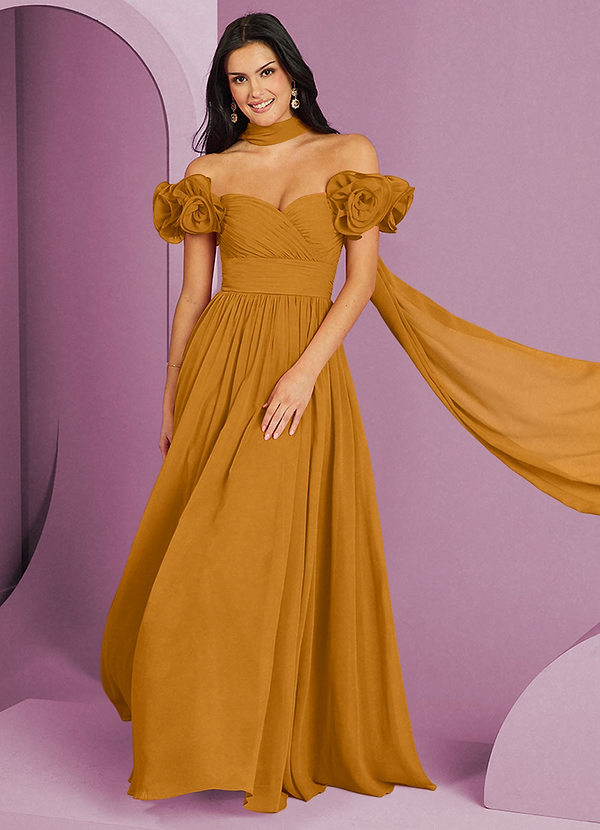 Barbie ♥ Azazie Suknie dla druhen Rozkloszowana sukienka z odkrytymi ramionami, falbaną i rozetkami image1