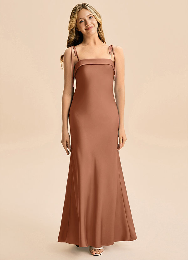 Azazie Willa Junior Vestido Bronceador de Satén Elástico de Corte Sirena con Lazo image1