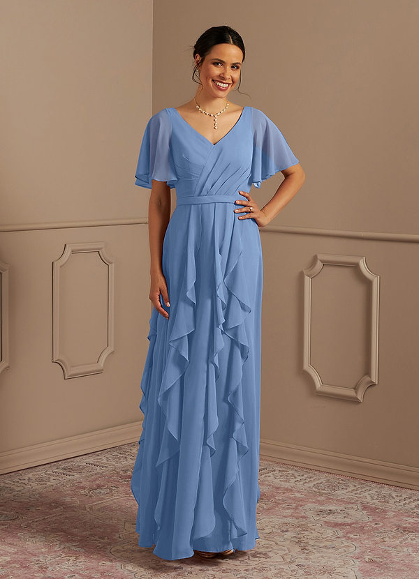 Watson Robe Light Acier Bleuté Azazie Watson Robe A-ligne Col en V Longueur ras du sol ...
