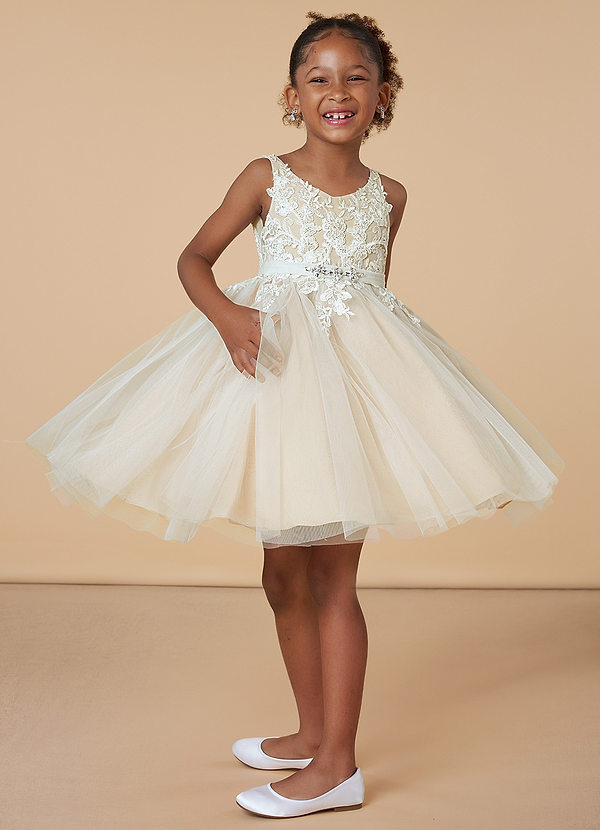 Azazie Minka Flower Girl Dresses Diamond White Champagne A-Line Lace Tulle Dress image1