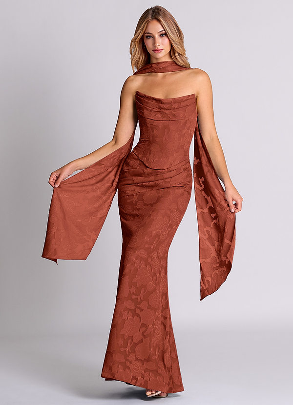 Azazie Sorrel Abiti da Damigella Abito Convertibile Sirena in Burnout Floreale Corsetto Terracotta image1