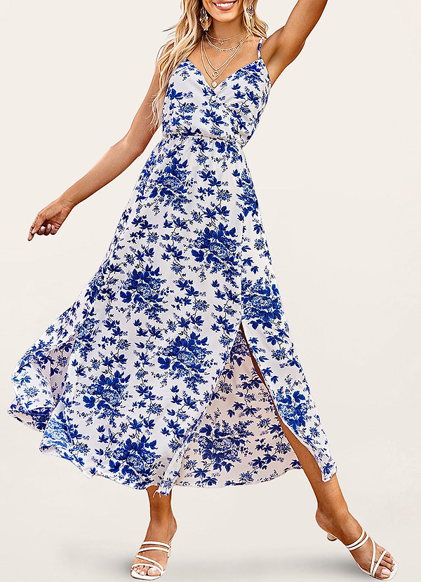 front Tea Gardens Blue Floral Print Maxi Dress