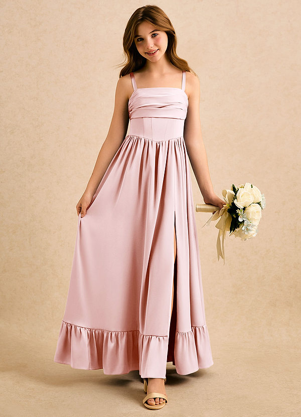 Azazie Maisie Girls Formal Sukienki dla dziewczynek sypiących kwiaty Linia A Marszczony Satyna elastyczna Długość podłogi Sukienka image1