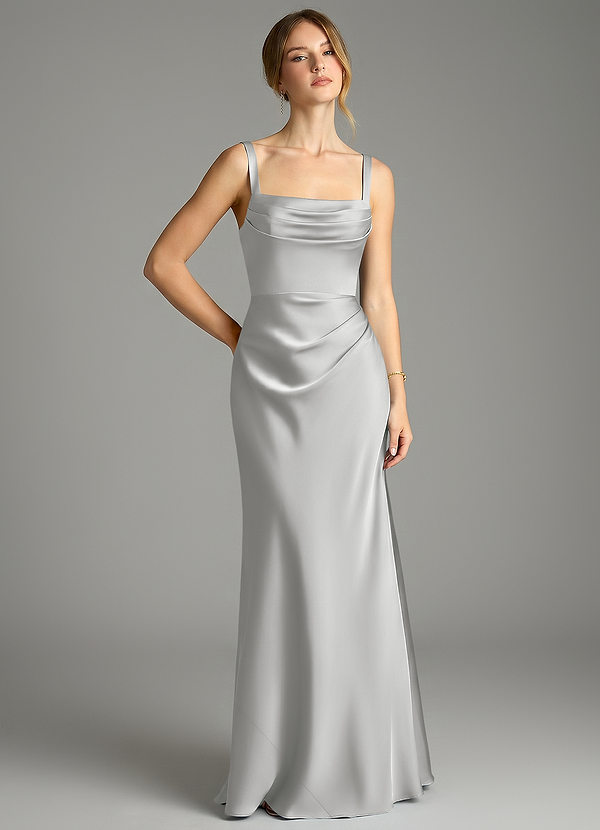 Azazie Alouette Bridesmaid Dresses Silver Mermaid Pleated Stretch Satin Dress image1