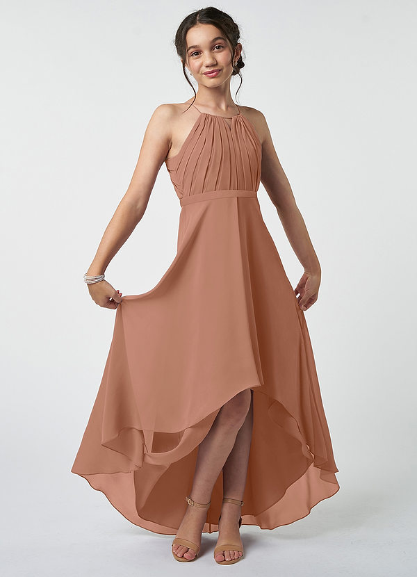 Azazie Oaklynn Junior Robe Trapèze en Mousseline de soie Plissée Bronze image1