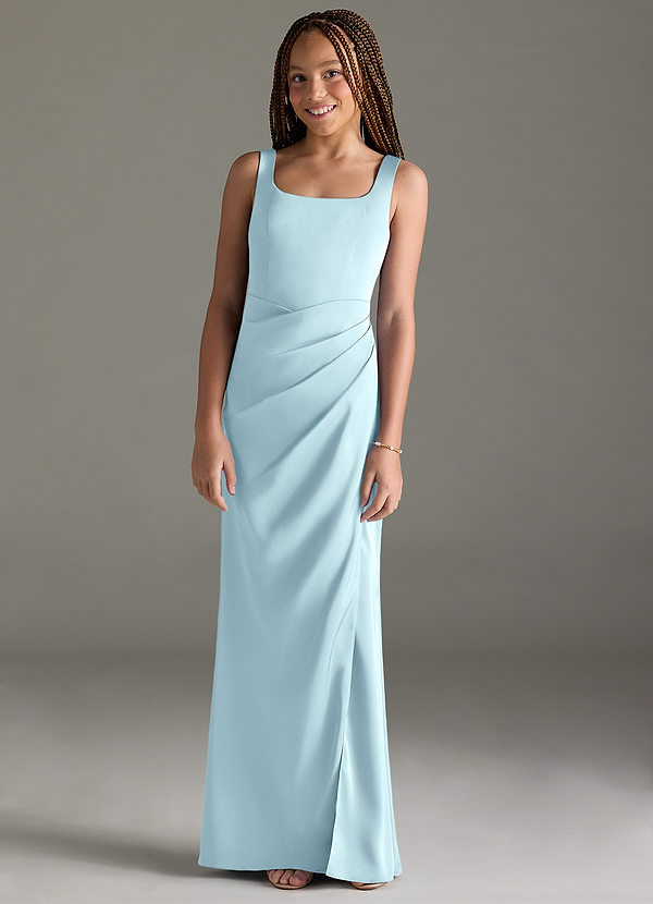 Azazie Mero Junior 인어 주름진 스트레치 새틴 플로어 길이 주니어 신부 들러리 드레스 image1