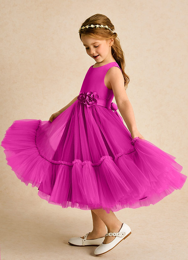 Azazie Miracle Flower Girl Dresses Fuchsia A-Line Bow Matte Satin Dress image1