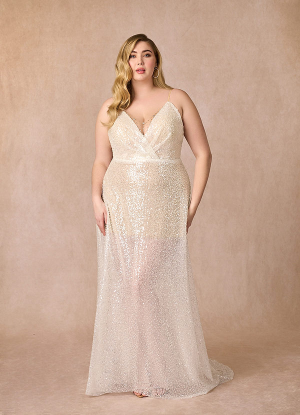 Azazie Idony Vestidos de Novia Vestido de Blanco Diamante Champán de Lentejuelas de Corte en A con Lentejuelas Cuello V image1