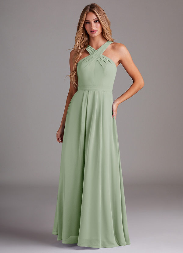 Azazie Dixie Bridesmaid Dresses Dusty Sage A-Line Halter Pleated Chiffon Dress image1