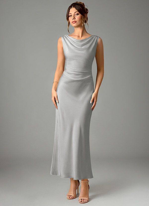 Azazie Kieryn Robes Demoiselle d'honneur Robe Sirène en Satin extensible Plissée Argent image1