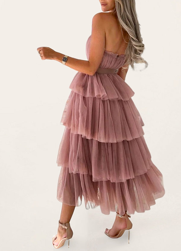 back Tulle-Proof Blushing Pink Tulle Strapless Tiered Maxi Dress
