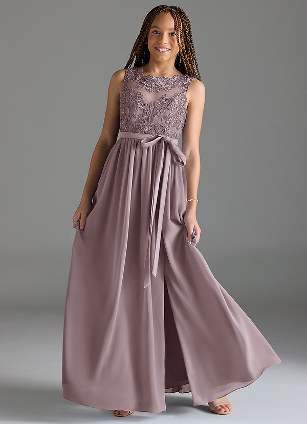 Azazie Elly Junior Abito A-Line in Chiffon Pizzo Dusk image1