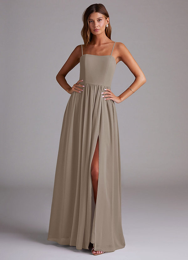 Azazie Calianna Bridesmaid Dresses Taupe A-Line Off the Shoulder Chiffon Convertible Dress image1