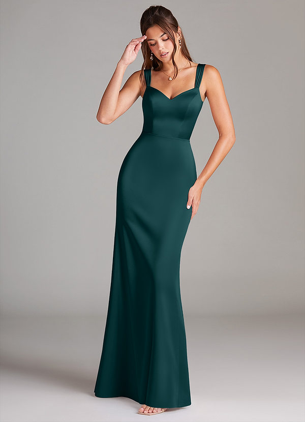 Azazie Denice Robes Demoiselle d'honneur Robe Fourreau en Satin extensible Plissée Vert Pin image1