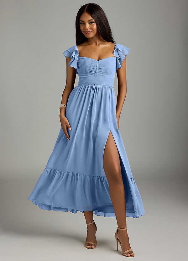 Azazie Anaya Bridesmaid Dresses Steel Blue A-Line Pleated Chiffon Dress image1