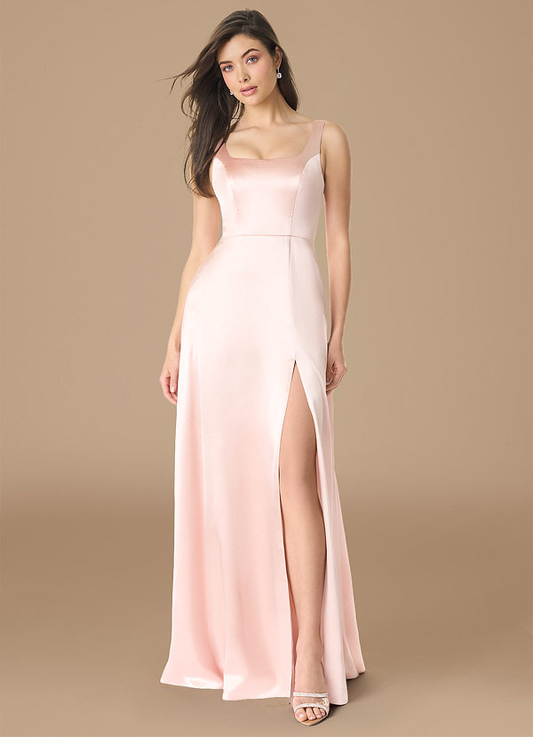 Azazie Joyce Robes Demoiselle d'honneur Robe Trapèze en Satiné métallisé Fente Latérale Or Rose image1