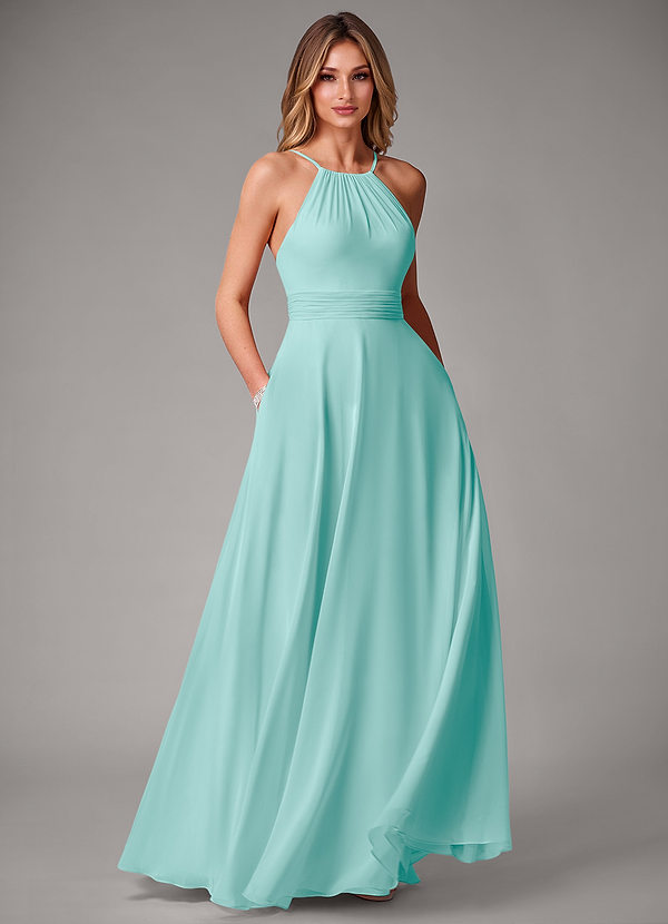 Azazie Amalia Bridesmaid Dresses Aqua A-Line Pleated Chiffon Dress image1