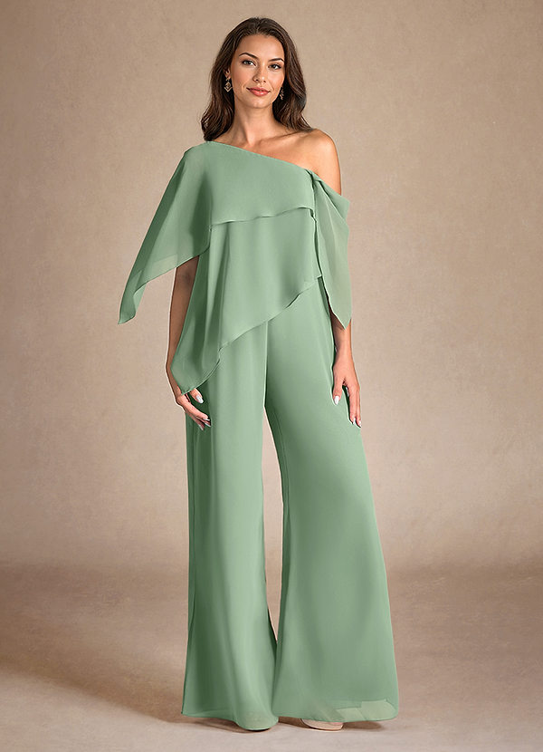 Azazie Halima Mother of the Brides Dresses Matcha Jumpsuit/Pantsuit Side Slit Chiffon Dress image1