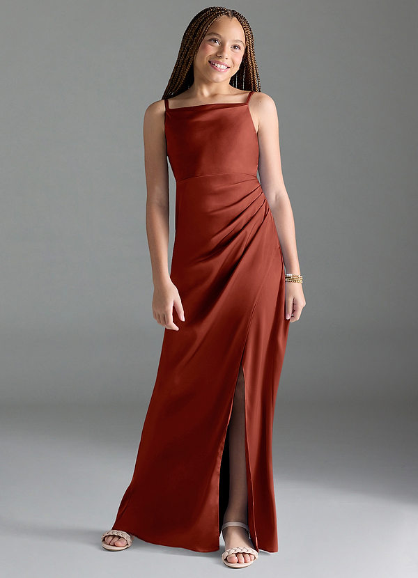 Azazie Leonis Junior Robe Trapèze en Satin extensible Plissée Terracotta image1