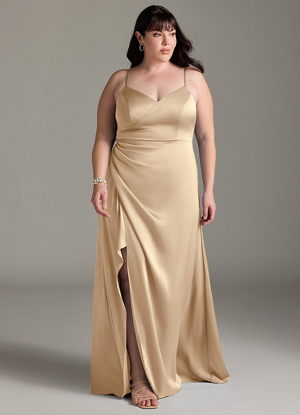Azazie Marchella Robes Demoiselle d'honneur Robe Trapèze en Satin extensible Corset Champagne image1