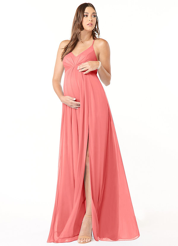 Azazie Annabelle Vestidos de dama de honor de maternidad Vestido de Corte En A Cuello en V plisado Hasta el suelo Malla image1