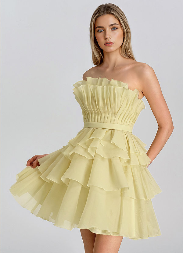 Neravie Amarillo Minivestido de gasa con fruncido y volantes escalonados image1