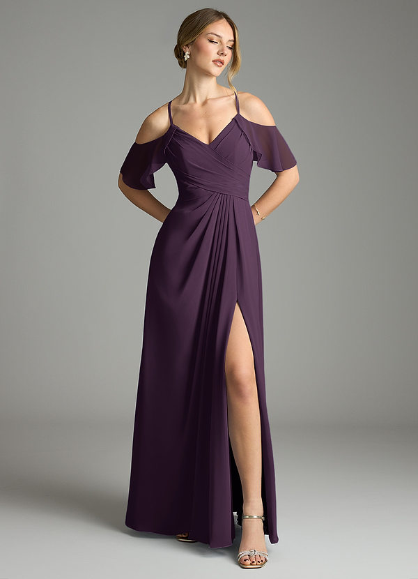 Azazie Dakota Bridesmaid Dresses Plum A-Line V-Neck Pleated Chiffon Dress image1