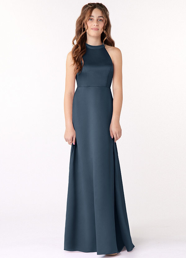 Azazie Laurel Junior A-Linie Matte Satin Kleid Neptunblau image1