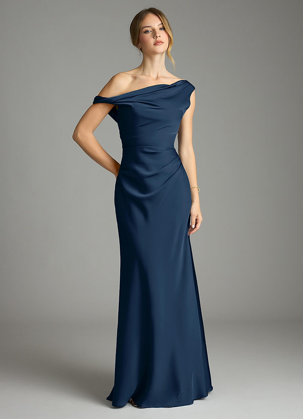 Azazie Emerson Brudtärneklänningar Klä av Sjöjungfru i Stretch Satin Av axeln Mörk Marinblå image1