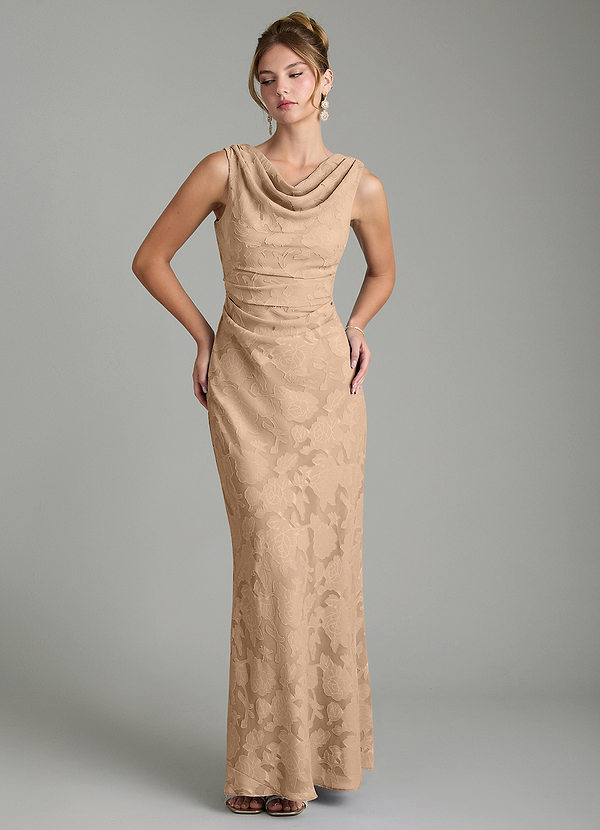 Azazie Kieryn Bridesmaid Dresses Champagne Mermaid Pleated Floral Burnout Dress image1