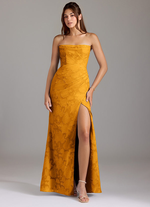 Azazie Leonis Bridesmaid Dresses Butterscotch Sheath Strapless Floral Burnout Convertible Dress image1