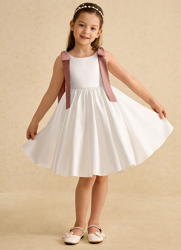 Azazie Stacie Bloemenmeisjes Jurken A-Lijn Jurk van Mat Satijn Boog Ivoor Ceder Roos image1
