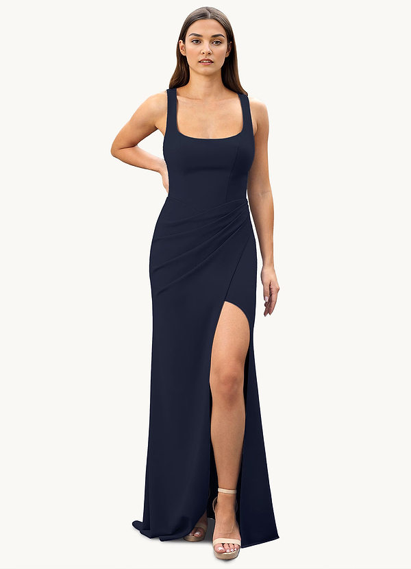 Azazie Mero Bridesmaid Dresses Dark Navy Sheath Pleated Stretch Crepe Dress image1