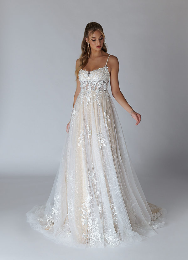 Azazie Alondra Wedding Dresses A-Line Lace Tulle Chapel Train Dress image1