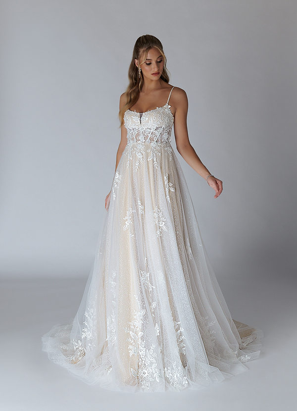 Azazie Alondra Wedding Dresses Diamond White Champagne A-Line Lace Tulle Dress image1