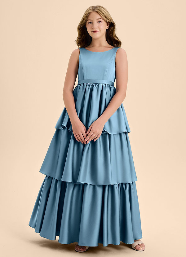 Azazie Meadowyn Junior Abito A-Line in Raso Elasticizzato Fiocco Blu Acciaio image1