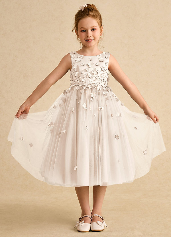 Azazie Lana Blumenkinder Kleider A-Linie ärmellos Matte Satin Kleid Alabaster Weiß image1