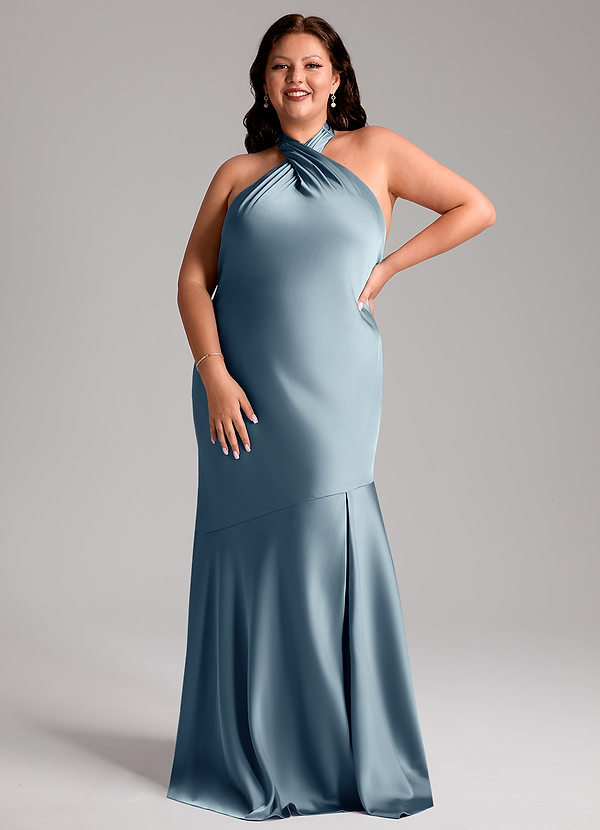 Azazie Lorena Brautjungfernkleider Meerjungfrau-Linie Plissee Stretch-Satin Kleid Staubblau image1