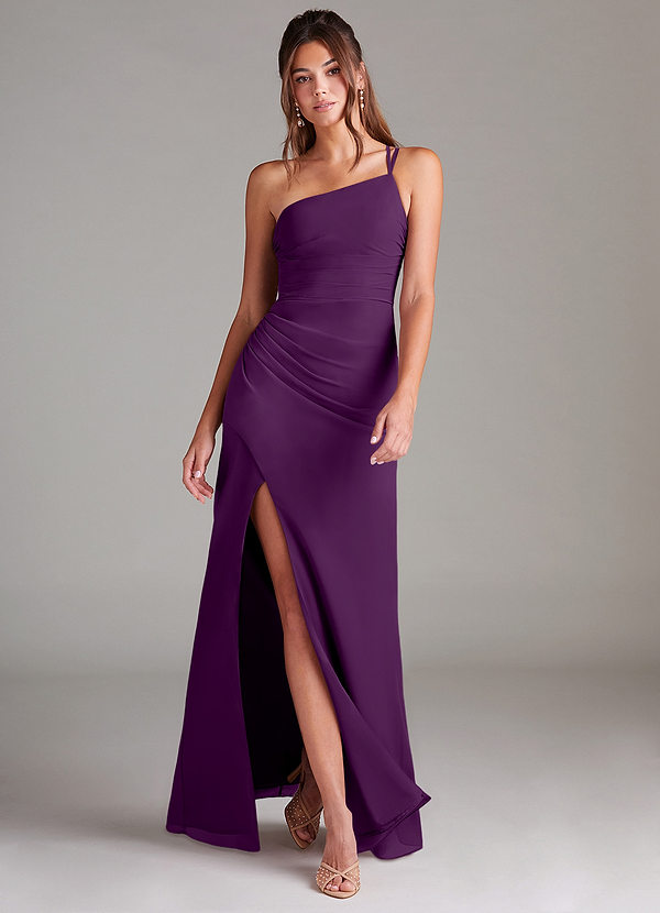 Azazie Eren Vestidos Dama de Honor Vestido de Uva de Gasa de Corte Recto con Hombro unilateral image1