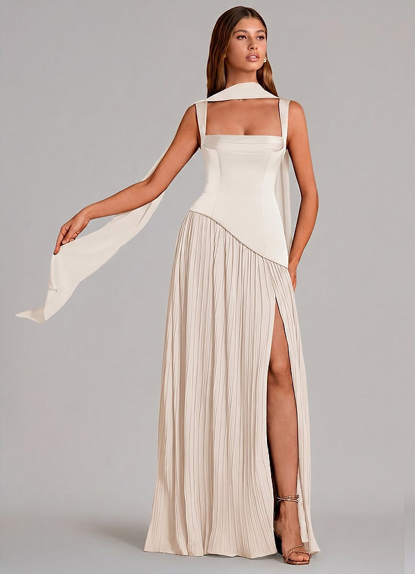 Azazie Stephanie Robes de demoiselle d'honneur Robe Trapèze en Satin extensible Plissé Albâtre Blanc image1