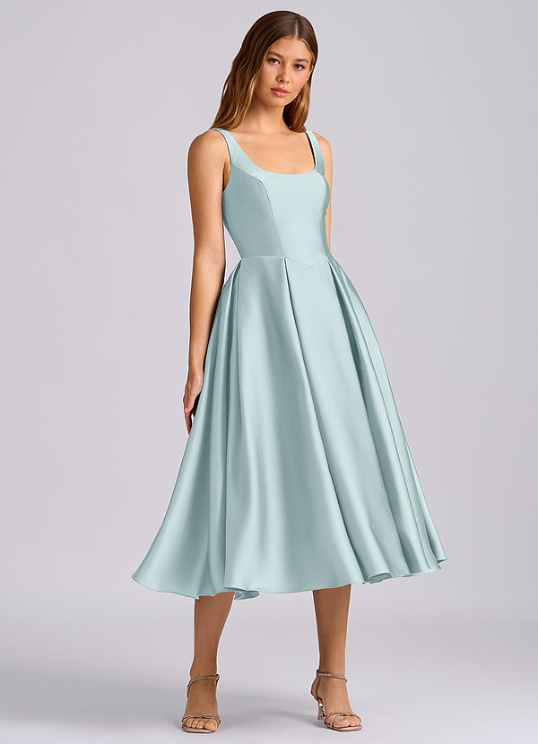 Azazie Amalie 신부 들러리 드레스 A라인 주름진 스트레치 새틴 티 길이 드레스 image1