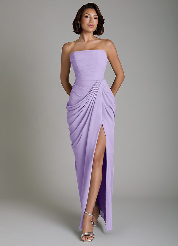 Azazie Nyra Robes de demoiselle d'honneur Robe Fourreau en Mousseline de soie Corset Lilas image1