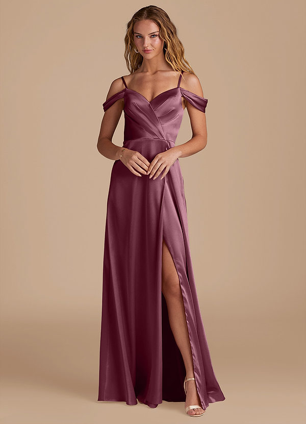 Azazie Ocean Brautjungfernkleider A-Linie Schulterfrei Metallischer Satin Kleid Cabernetrot image1