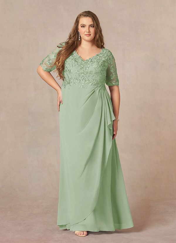 Azazie Amedeus Mother of the Brides Dresses Dusty Sage A-Line V-Neck Lace Chiffon Dress image1
